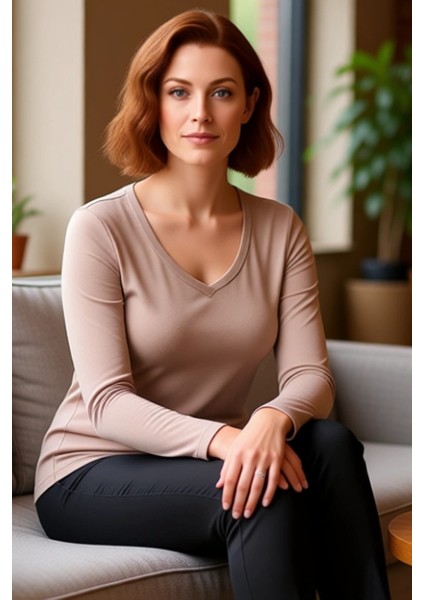 Kadın Fitted V Yaka Uzun Kollu Örme Bluz Kaliteli Şık Rahat Modern Zarif Günlük