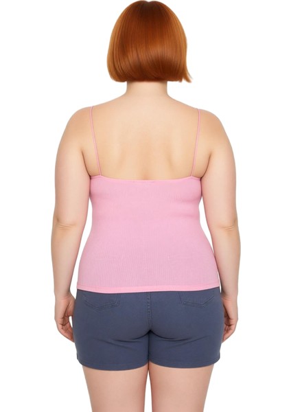 Moda Büyük Beden Kare Yaka Örme Fit Düz Desen Casual Günlük Crop Askılı Kol Bluz modelleri