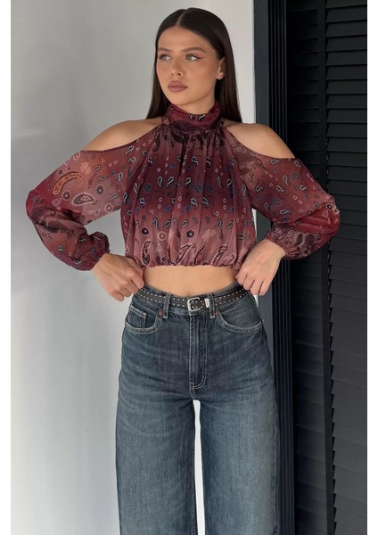 Iç Astarlı Omuz Dekolteli Kadın Crop Top Şifon Bluz P-00018952 fiyatları