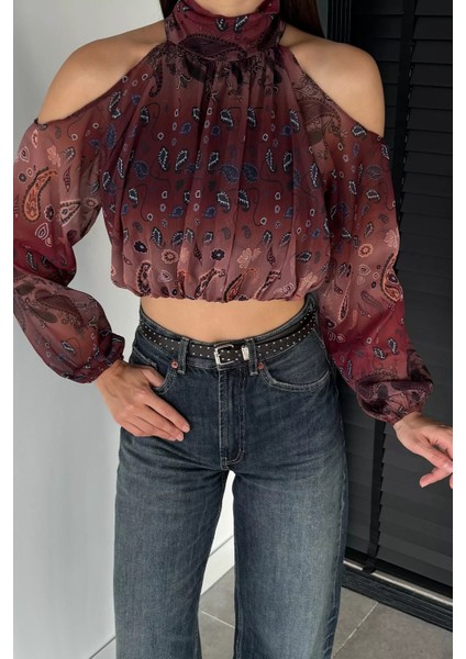 Iç Astarlı Omuz Dekolteli Kadın Crop Top Şifon Bluz P-00018952 modelleri