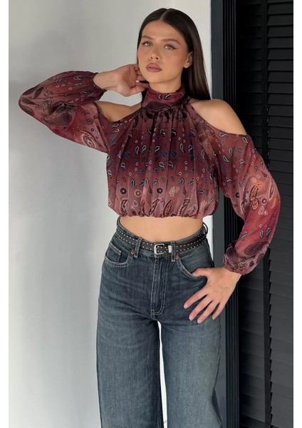 Iç Astarlı Omuz Dekolteli Kadın Crop Top Şifon Bluz P-00018952 fırsatları