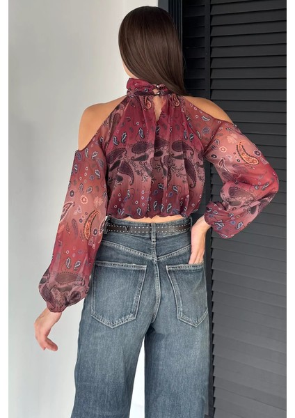 Iç Astarlı Omuz Dekolteli Kadın Crop Top Şifon Bluz P-00018952 indirimleri
