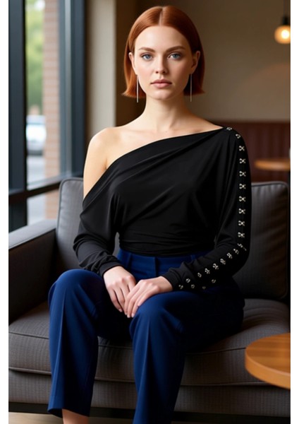 Kadın Moda Şık Üst Giyim Regular Kayık Yaka Fitted Kalıp Örme Bluz