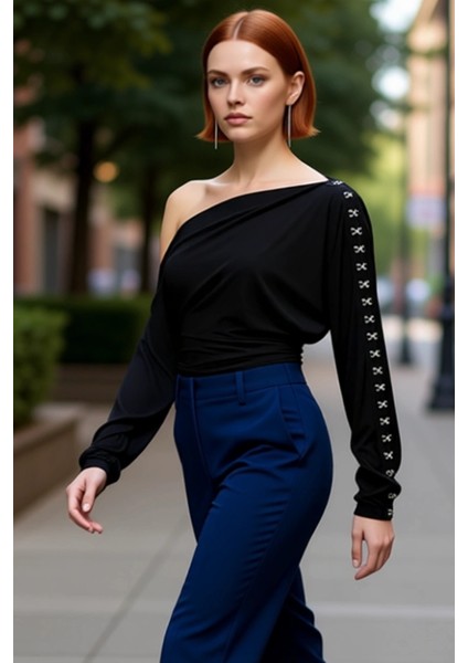 Kadın Moda Şık Üst Giyim Regular Kayık Yaka Fitted Kalıp Örme Bluz fırsatları