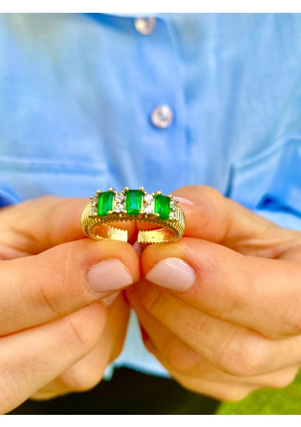 Zirkon Taşlı Altın Renk Baget Yeşil Taşlı Ayarlanabilir Yüzük fiyatları