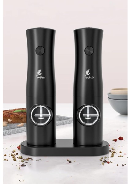 Portofino 2&apos;li Pilli Tuz Karabiber Değirmeni Otomatik Öğütücü Siyah