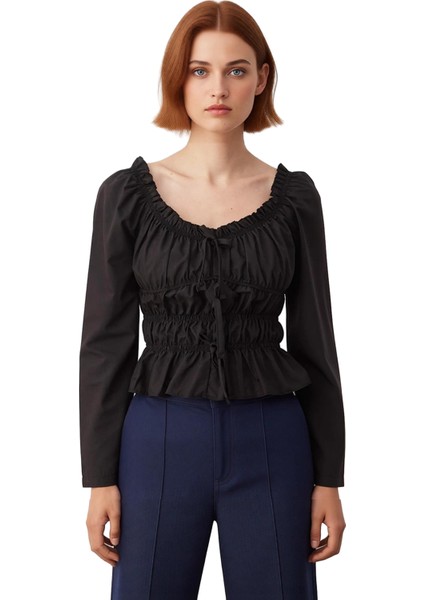 Kadın Peplum Kesim Fiyonklu Dokuma Bluz Kaliteli Şık Rahat Modern Zarif Günlük