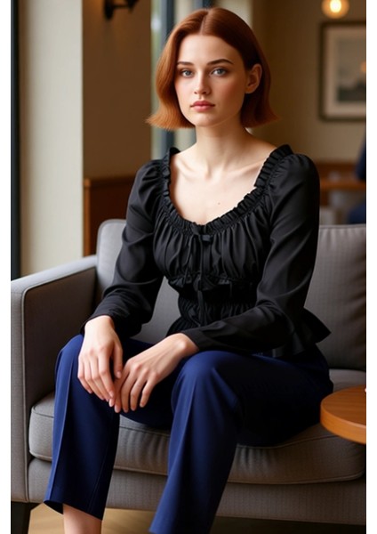 Kadın Peplum Kesim Fiyonklu Dokuma Bluz Kaliteli Şık Rahat Modern Zarif Günlük fırsatları