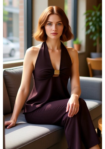 Kadın Büzgülü Halter Yaka Üst Metal Detaylı ve Şık Tasarım Kaliteli Şık Rahat Modern Zarif