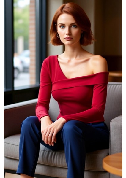 Kadın Vücuda Oturan Crop Örme Bluz Asimetrik Yaka Uzun Kol Kaliteli Şık Rahat Modern Zarif