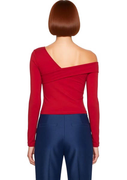 Kadın Vücuda Oturan Crop Örme Bluz Asimetrik Yaka Uzun Kol Kaliteli Şık Rahat Modern Zarif modelleri