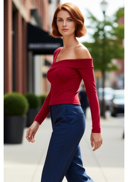 Kadın Vücuda Oturan Crop Örme Bluz Asimetrik Yaka Uzun Kol Kaliteli Şık Rahat Modern Zarif fırsatları