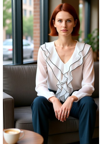 Kadın Şifon Bluz V Yaka Balon Kol Detaylı Kaliteli Şık Rahat Modern Zarif Günlük