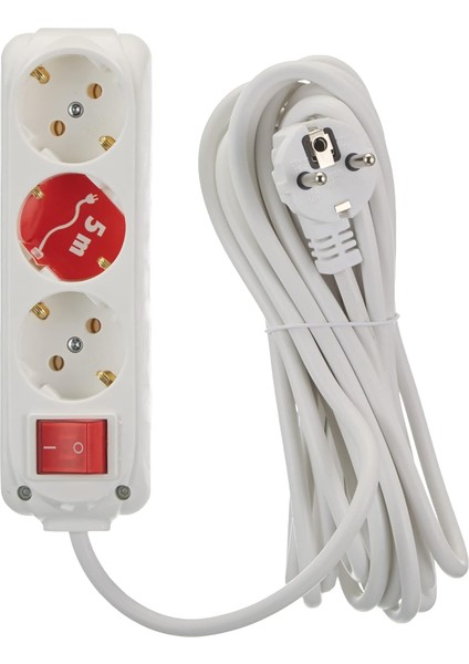 512.005.007 3&apos;lü Anahtarlı Topraklı Priz, Beyaz, 5m
