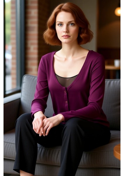 Kadın Uzun Kollu Düğmeli V Yaka Örme Bluz ve Iç Atlet Kombin Kaliteli Şık Rahat Modern Zarif