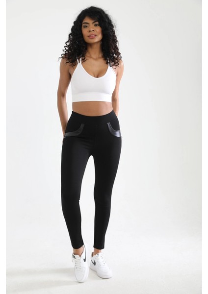 Kadın Siyah Beli Lastikli Deri Sahte Cep Detaylı Toparlayıcı Tayt