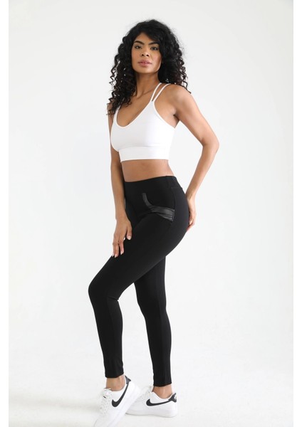 Kadın Siyah Beli Lastikli Deri Sahte Cep Detaylı Toparlayıcı Tayt fiyatları