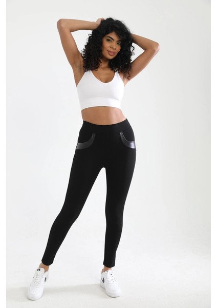 Kadın Siyah Beli Lastikli Deri Sahte Cep Detaylı Toparlayıcı Tayt fırsatları