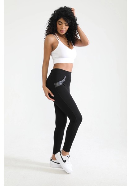 Kadın Siyah Beli Lastikli Deri Sahte Cep Detaylı Toparlayıcı Tayt indirimleri