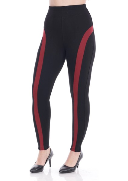 Kadın Siyah Beli Lastiki Önü Bordo Şeritli Toparlayıcı Tayt