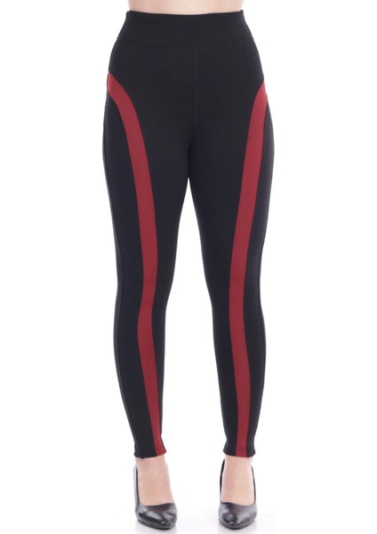 Kadın Siyah Beli Lastiki Önü Bordo Şeritli Toparlayıcı Tayt fırsatları