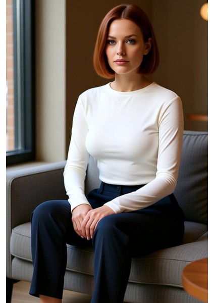 Kadın Moda Şık Üst Giyim Crop Bisiklet Yaka Slim Kalıp Örme Viskon Esnek Bluz