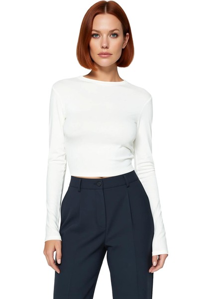 Kadın Moda Şık Üst Giyim Crop Bisiklet Yaka Slim Kalıp Örme Viskon Esnek Bluz fiyatları