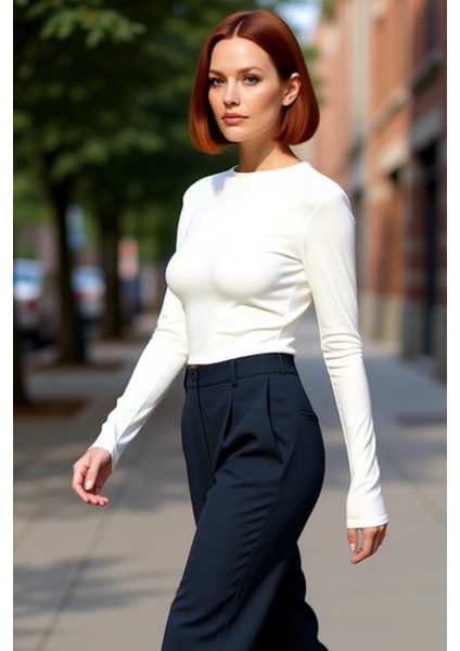 Kadın Moda Şık Üst Giyim Crop Bisiklet Yaka Slim Kalıp Örme Viskon Esnek Bluz fırsatları