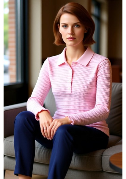 Kadın Vücuda Oturan Uzun Kollu Polo Yaka Jakarlı Esnek Bluz Kaliteli Şık Rahat Modern Zarif