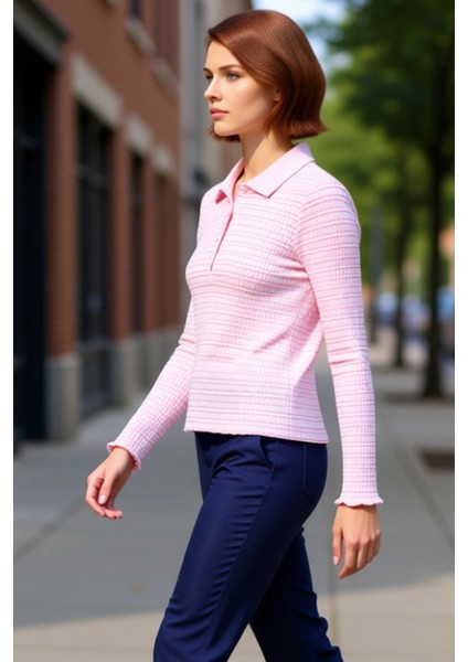 Kadın Vücuda Oturan Uzun Kollu Polo Yaka Jakarlı Esnek Bluz Kaliteli Şık Rahat Modern Zarif fırsatları