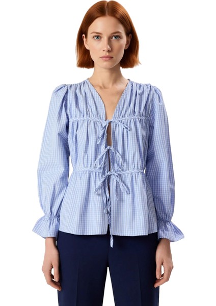 Kadın V Yaka Kareli Dokuma Bluz Bağcıklı ve Balon Kollu Kaliteli Şık Rahat Modern Zarif Günlük fiyatları