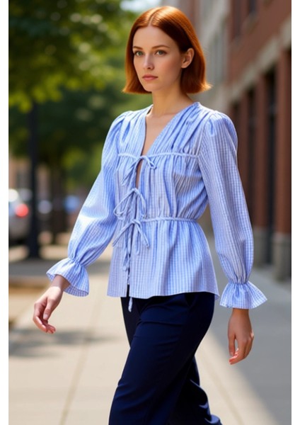 Kadın V Yaka Kareli Dokuma Bluz Bağcıklı ve Balon Kollu Kaliteli Şık Rahat Modern Zarif Günlük fırsatları