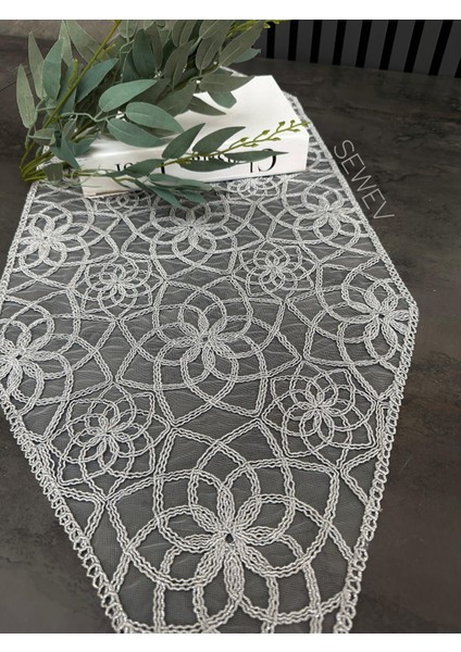 Simli Runner Masa Örtüsü Sehpa Örtüsü (Gri) modelleri