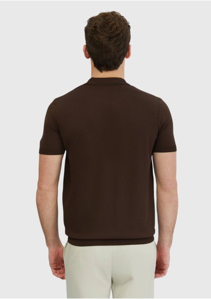 Kahverengi Polo Yaka Düz Örgü Triko indirimleri