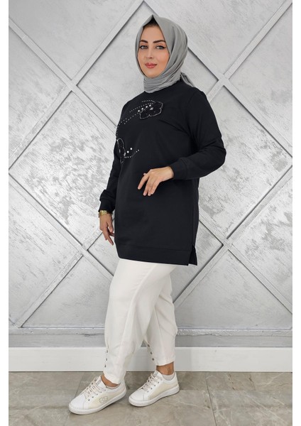 Kadın Dikme Çiçek ve Taş Detaylı Tesettür Tunik