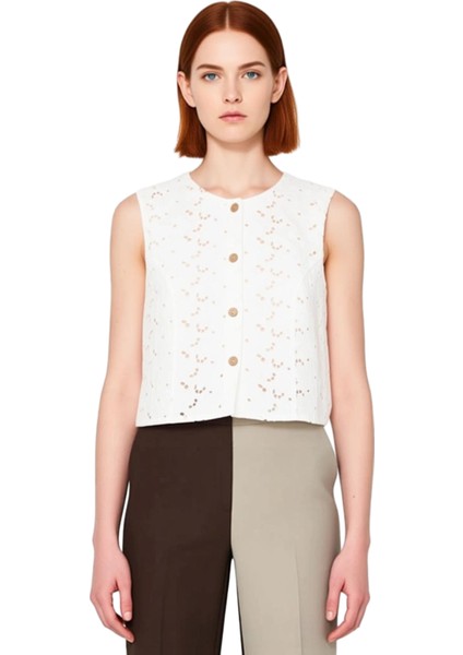 Kadınlar Için Pamuklu Brode Detaylı Kolsuz Bluz Yelek Kaliteli Şık Rahat Modern Zarif Günlük fiyatları