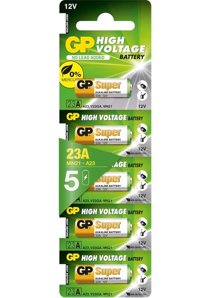 Batteries 23A Süper Alkalin 23A/MN21/V23GA Boy Pil, 12 Volt, 5&apos;li Kart, Bakır/beyaz/yeşil