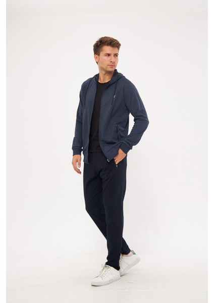 Erkek Pamuklu Tam Fermuarlı Kapüşonlu Eşofman Takımı Indigo 5296-İ