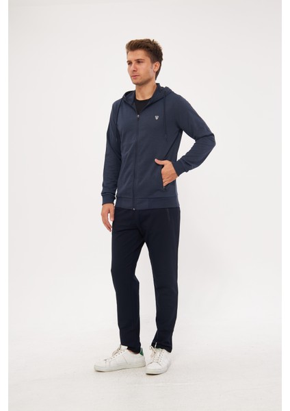 Erkek Pamuklu Tam Fermuarlı Kapüşonlu Eşofman Takımı Indigo 5296-İ
