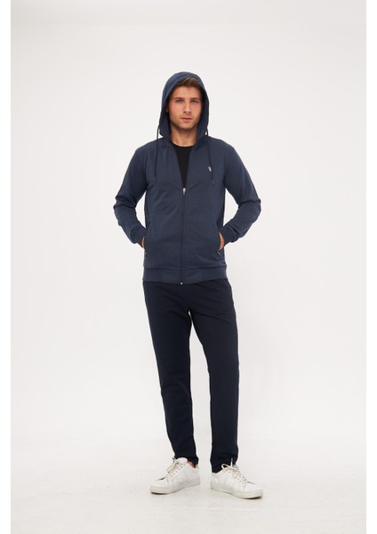 Erkek Pamuklu Tam Fermuarlı Kapüşonlu Eşofman Takımı Indigo 5296-İ