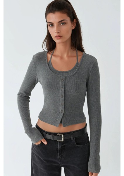 Kadın Yumuşak Iki Parça Örme Bluz & Hırka Takım Koyu Gri