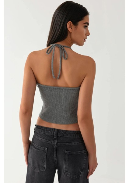 Kadın Yumuşak Iki Parça Örme Bluz & Hırka Takım Koyu Gri