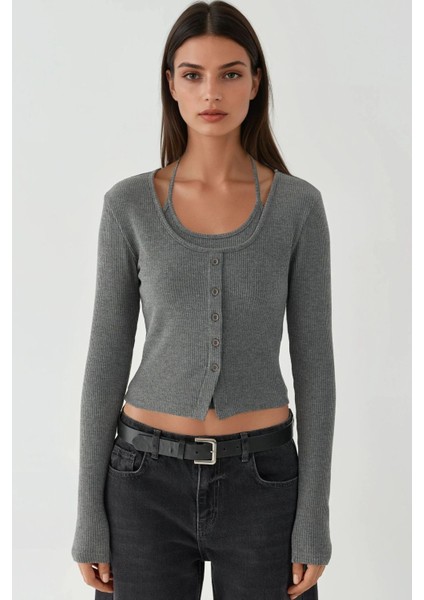 Kadın Yumuşak Iki Parça Örme Bluz & Hırka Takım Koyu Gri