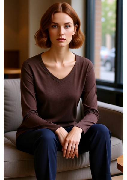 Kadın V Yaka Düşük Kol Uzun Kollu Esnek Örme Bluz Günlük Şıklık ve Rahatlık Için Kaliteli Şık