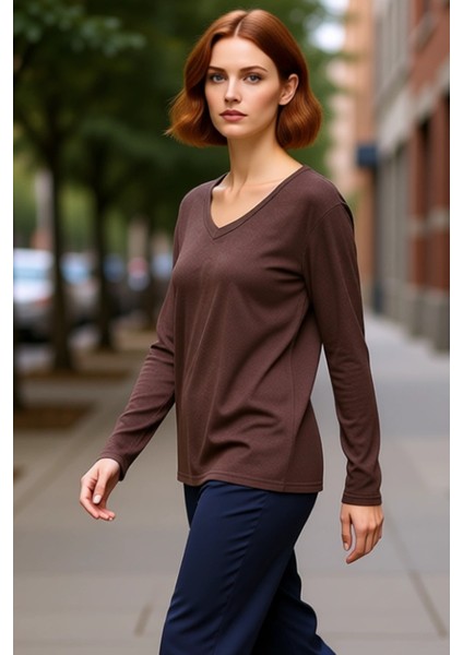 Kadın V Yaka Düşük Kol Uzun Kollu Esnek Örme Bluz Günlük Şıklık ve Rahatlık Için Kaliteli Şık fırsatları