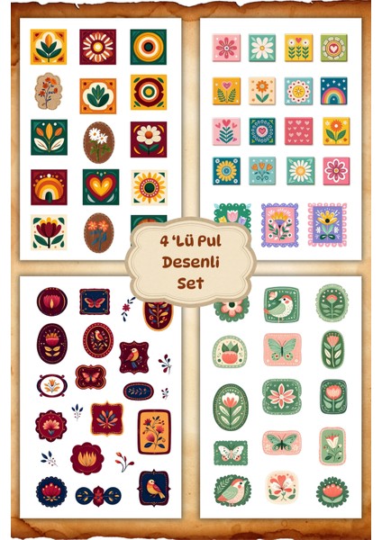 4'lü Etnik Pul Desenli Sticker Set/planner Ajanda Bullet Journal Için Uygun Set