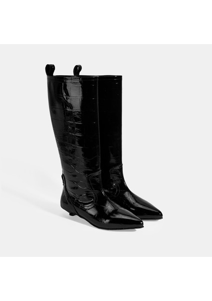 Kadın Siyah Kroko Baskılı Ince Topuklu Rugan Deri Çizme