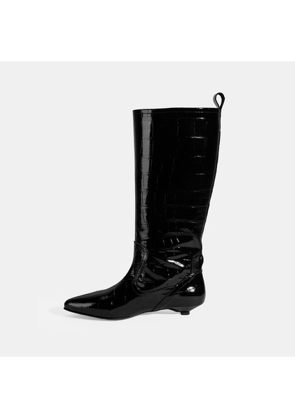 Kadın Siyah Kroko Baskılı Ince Topuklu Rugan Deri Çizme modelleri