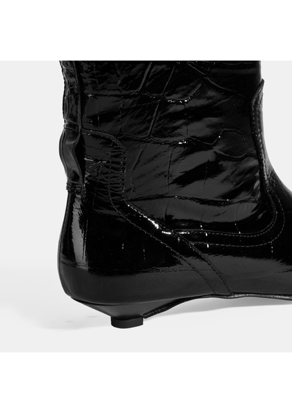 Kadın Siyah Kroko Baskılı Ince Topuklu Rugan Deri Çizme