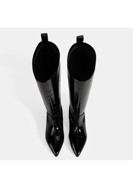 Kadın Siyah Kroko Baskılı Ince Topuklu Rugan Deri Çizme